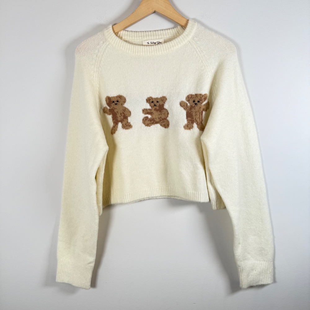 The Vintage Shop‎ Teddy Bear Graphic Sweater Medium Cropped Wool Blend Pullover